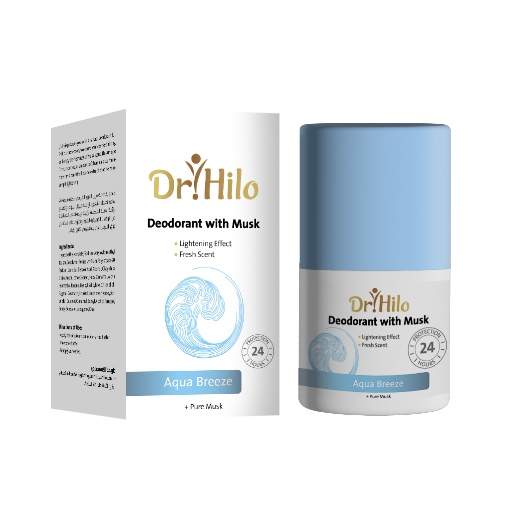 Dr Hilo Deodorant with Musk 50ml featuring a fresh scent and skin care benefits in a sleek packaging.