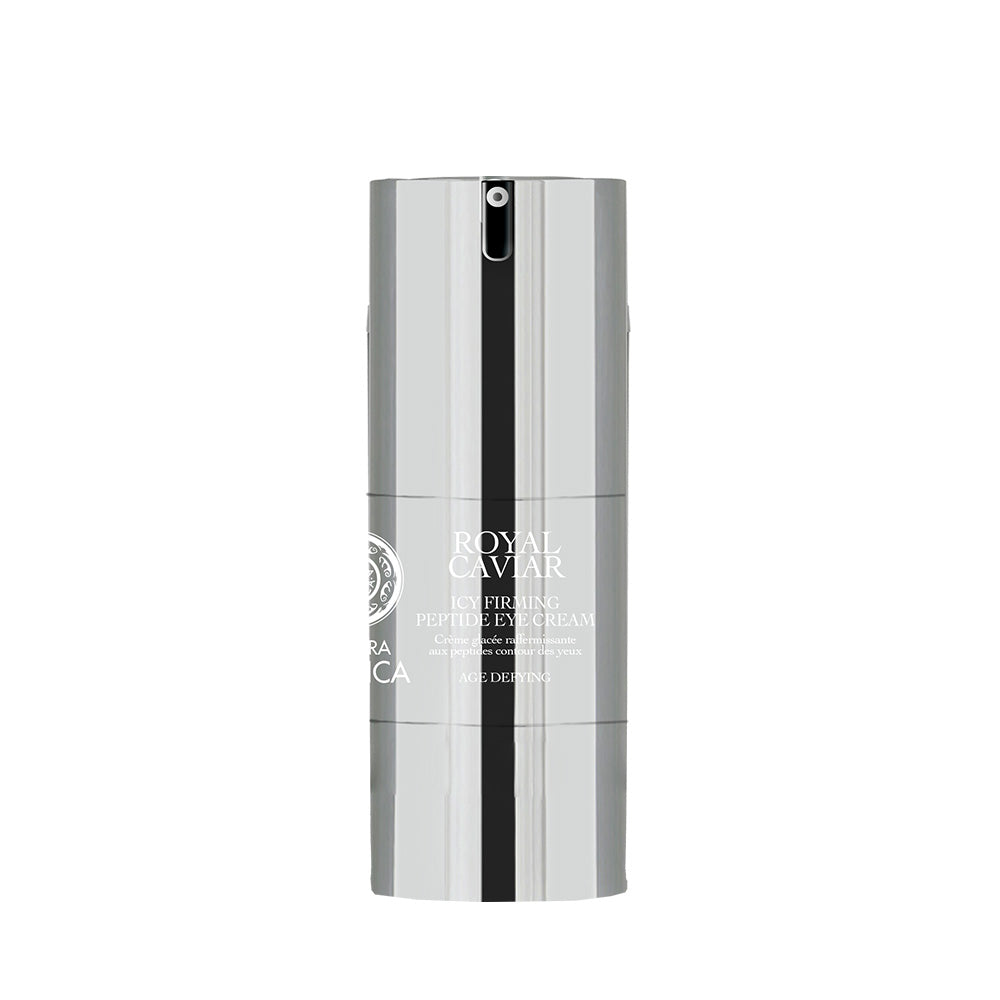 Natura Siberica Royal Caviar Icy Firming Peptide Eye Cream 15ml in a sleek silver bottle for skincare.