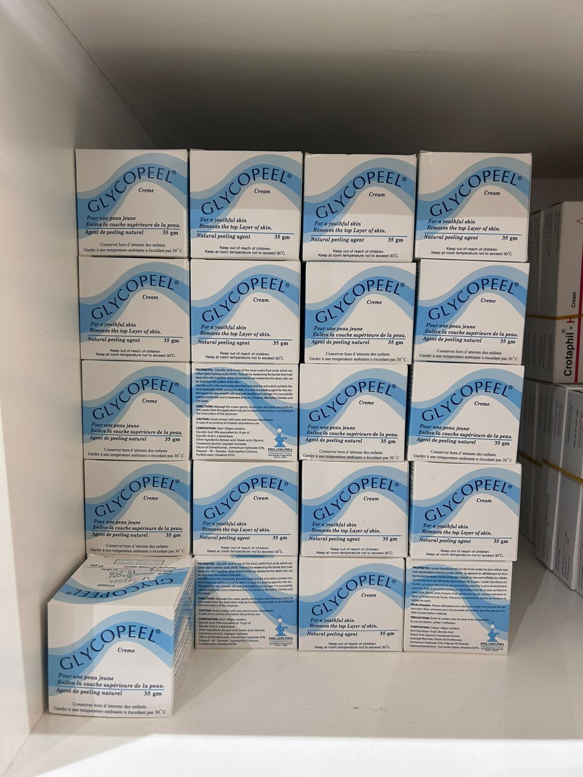 GlycoPeel Cream 35gm boxes displayed on a shelf for effective skin care and deep exfoliation.