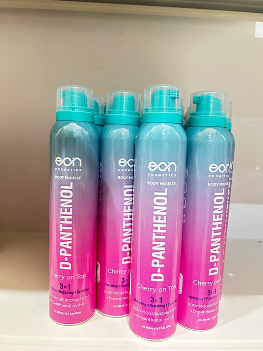 eon D-Panthenol with Vitamin E Body Mousse 200ml bottles on display for skin care