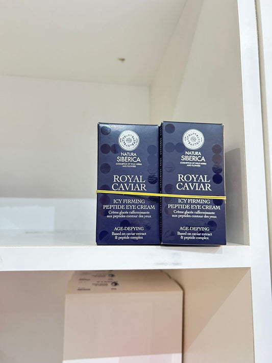 Natura Siberica Royal Caviar Icy Firming Peptide Eye Cream 15ml boxes on a shelf, luxury skin care product