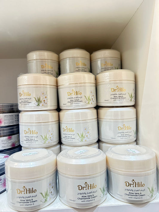 Dr Hilo Aloe Vera and Chamomile Cream 100ml jars neatly arranged on a shelf for skincare enthusiasts.