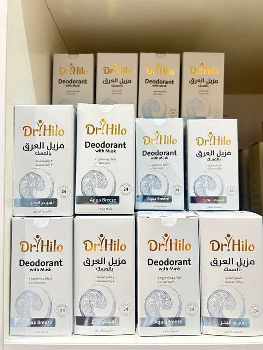 Dr Hilo Deodorant with Musk 50ml products displayed on a shelf, highlighting skin care benefits.