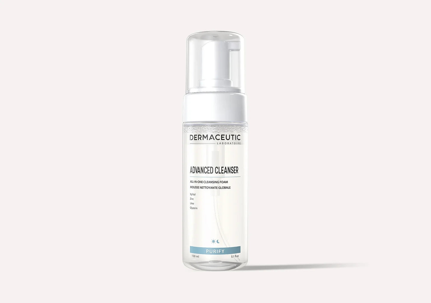 Dermaceutic Advanced Cleansing Foam Purify 150ml bottle, all-in-one skin care cleanser for a hydrated and purified complexion.