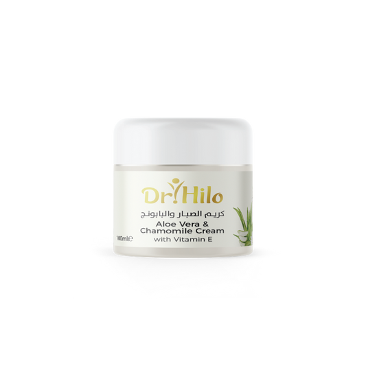 Dr Hilo Aloe Vera and Chamomile Cream 100ml in a jar for deep skin hydration and care.