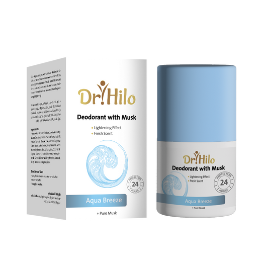 Dr Hilo Deodorant with Musk 50ml featuring a fresh scent and skin care benefits in a sleek packaging.