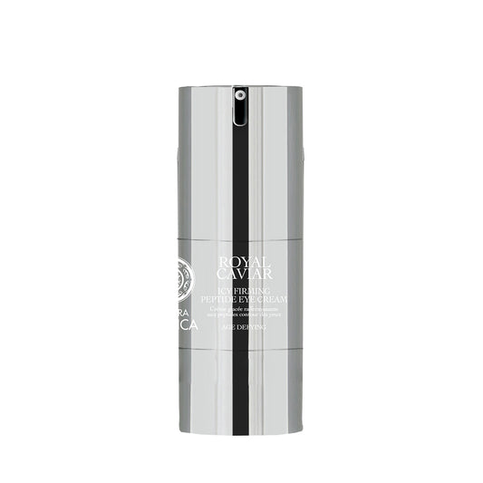 Natura Siberica Royal Caviar Icy Firming Peptide Eye Cream 15ml in a sleek silver bottle for skincare.