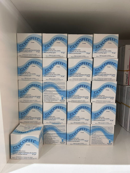 GlycoPeel Cream 35gm boxes displayed on a shelf for effective skin care and deep exfoliation.