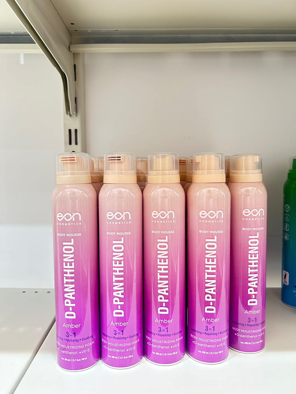 eon D-Panthenol with Vitamin E Body Mousse 200ml on display, promoting skin care with deep moisturization.