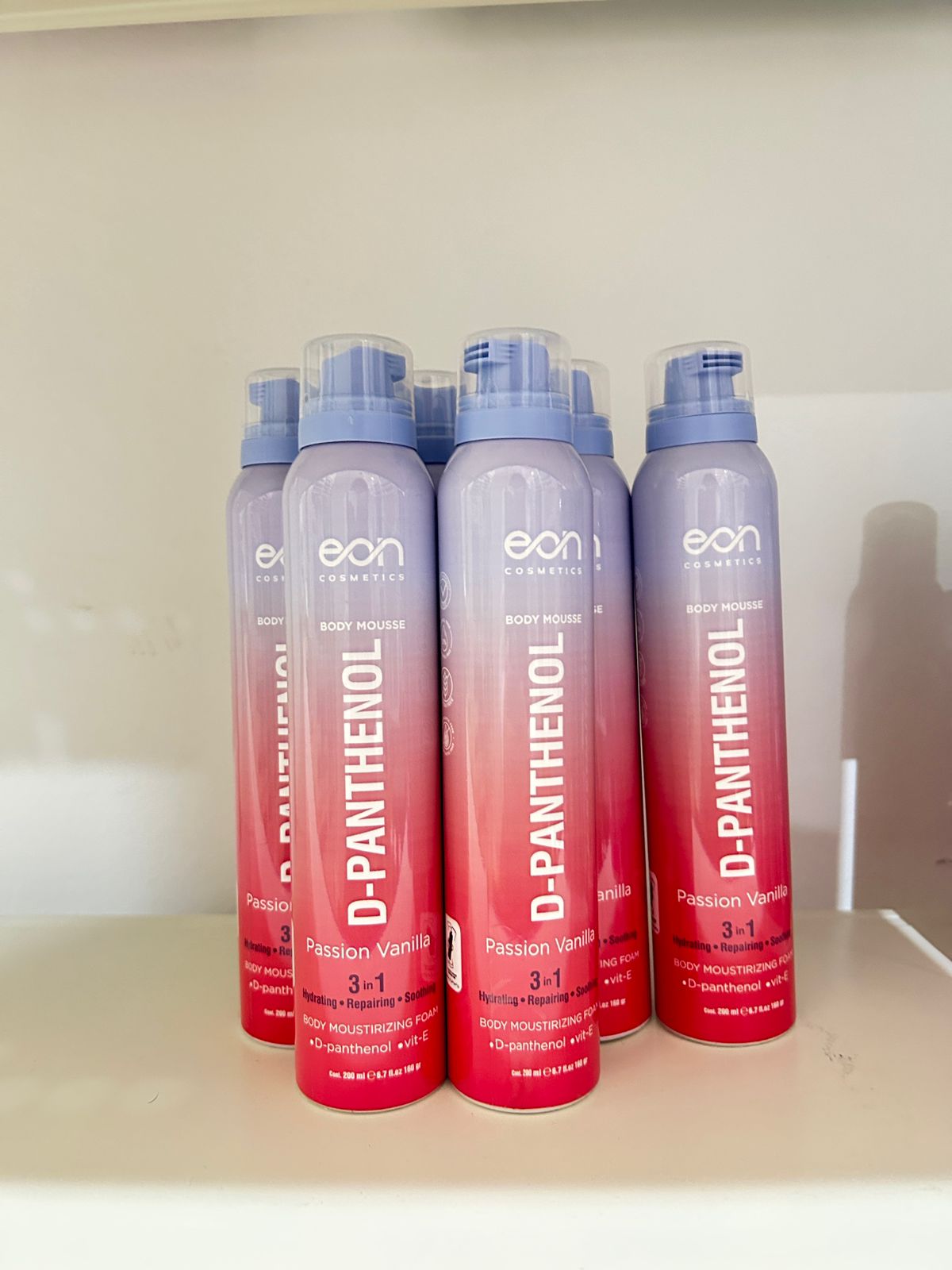 eon D-Panthenol with Vitamin E Body Mousse 200ml bottles on display for skin care.