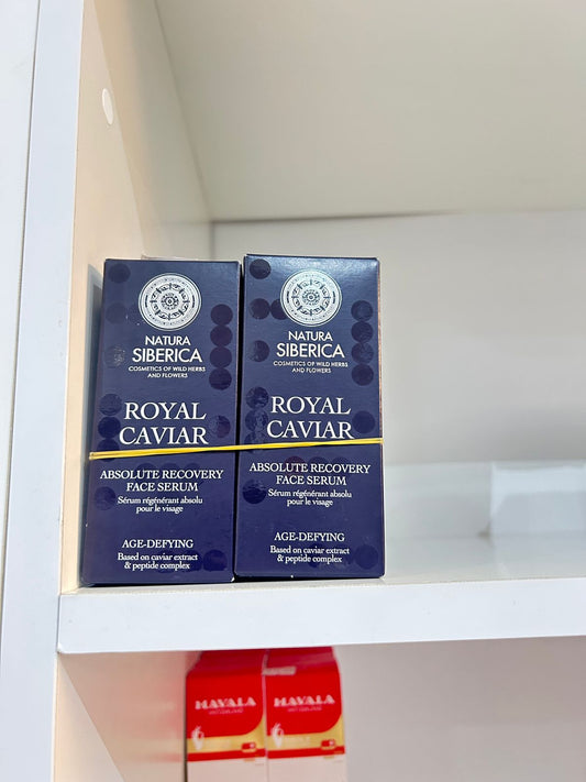 Natura Siberica Royal Caviar Absolute Recovery Face Serum 30ml on display shelf for skin care.
